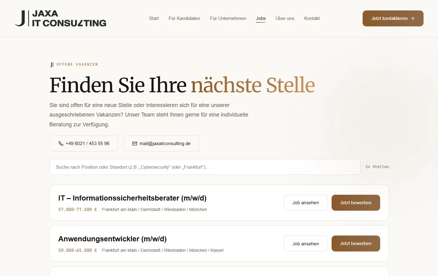 Jobbörse von Jaxa IT Consulting mit Suchfeld, Stellenliste und Gehaltsangaben