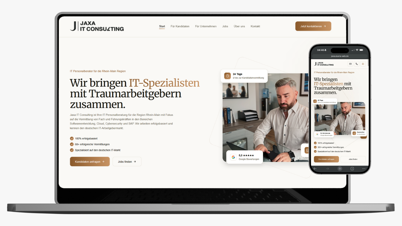 Website von Jaxa IT Consulting nach dem Relaunch, Desktop- und Mobile-Ansicht mit Vertrauenssignalen wie Google-Bewertung und Kennzahlen